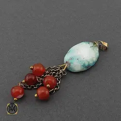 مدال فیروزه نیشابوری و عقیق قرمز طرح روناک زنانه - کد 3305