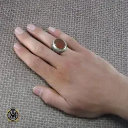 انگشتر عقیق یمن مردانه با حکاکی ذکر صلوات رکاب قلمزنی - کد 8103