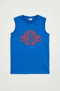 تیشرت آستین حلقه ای پسرانه آبی رنگ چاپ دار دیفاکتو