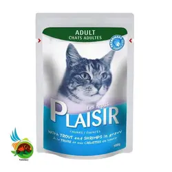 پوچ گربه بالغ پلازیر با طعم ماهی قزل آلا و میگو Plaisir with trout & shrimps وزن 100 گرم