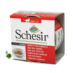 کنسرو گربه بالغ شسیر با طعم ماهی تن و میگو Schesir tuna with shrimps وزن 85 گرم
