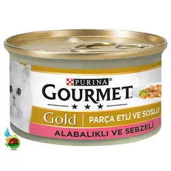 کنسرو گربه گورمت گلد با طعم ماهی قزل آلا و سبزیجات در سس مدل خورشتی  Gourmet gold with alabalikli ve sebzeli وزن 85 گرم