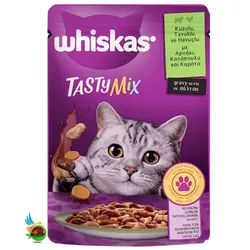 پوچ گربه بالغ ویسکاس با طعم بره، مرغ و هویچ در سس Whiskas tasty mix with lamb & chicken and carrot in gravy وزن ۸۵ گرم