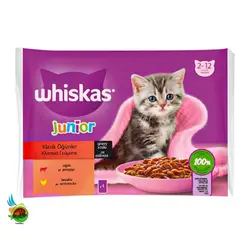 پوچ بچه گربه ویسکاس با طعم گوشت و مرغ در سس Whiskas junior classic beef & chicken in gravy بسته 4 عددی