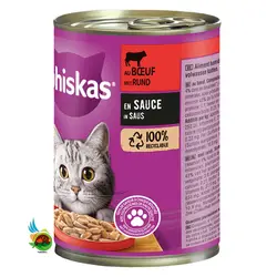 کنسرو گربه بالغ ویسکاس با طعم گوشت در سس Whiskas with beef وزن ۴۰۰ گرم