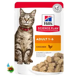 پوچ گربه بالغ هیلز با طعم مرغ Hill’s science plan adult 1-6 with chicken وزن 85 گرم