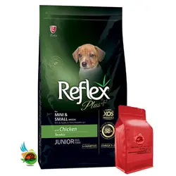 غذای خشک توله سگ رفلکس پلاس مخصوص سگ های نژاد متوسط و نژاد کوچک با طعم مرغ Reflex junior with chicken وزن 1 کیلوگرم ( بسته بندی ملودی مهربانی )