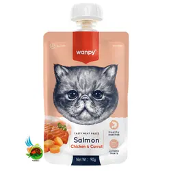پودینگ گربه ونپی با طعم ماهی سالمون، مرغ و هویج Wanpy with salmon & chicken & carrot وزن ۹۰ گرم