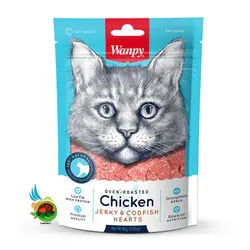 تشویقی گربه ونپی با طعم مرغ و ماهی طرح قلب Wanpy chicken jerky & cod fish hearts وزن 80 گرم