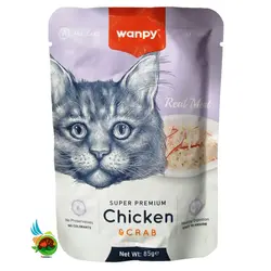 پوچ گربه ونپی با طعم مرغ و خرچنگ Wanpy super premium chicken & crab وزن 85 گرم