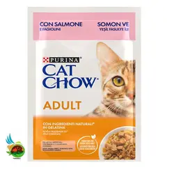 پوچ گربه بالغ کت چاو پورینا با طعم سالمون و لوبیا سبز مدل Purina cat chow with salmon & green beans وزن 85 گرم