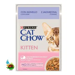 پوچ بچه گربه کت چاو پورینا با طعم بره و کدو سبز مدل Purina cat chow with lamb & zucchini وزن 85 گرم