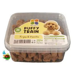 تشویقی سگ پافی ترین نوریش پت طعم سیرابی و وانیل Puffy train tripe & vanilla وزن ۲۸۰ گرم