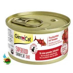 کنسرو گربه جیم کت با طعم فیله ماهی و گوجه Gimcat shiny cat duo tuna fillet with tomatoes وزن 70 گرم