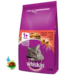 غذای خشک مغزدار مولتی کالر گربه ویسکاس با طعم گوشت Whiskas with beef وزن 1.4 کیلوگرم
