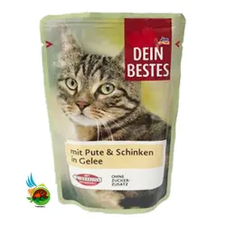 پوچ گربه دین بستس با طعم بوقلمون و ژامبون در ژله Dein bestes mit pute & schinken in gelee وزن 100 گرم