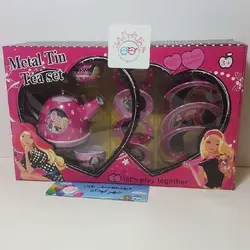 #1190# ظروف آشپزخانه ست چایخوری فلزی ln34 - طرح باربی زمینه صورتی - metal tin tea set