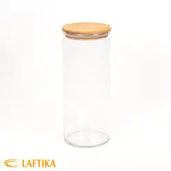 بانکه ادویه شیشه ای با درب چوبی تیریتی قطر 10 ارتفاع 25 مدل G 5013