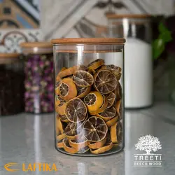 بانکه ادویه شیشه ای با درب چوبی تیریتی قطر 10 ارتفاع 25 مدل G 5013