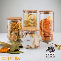 بانکه ادویه شیشه ای با درب چوبی تیریتی قطر 10 ارتفاع 25 مدل G 5013