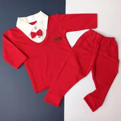 بلوز شلوار قرمز یقه سفید پاپیون دار سایز 1 تا 5