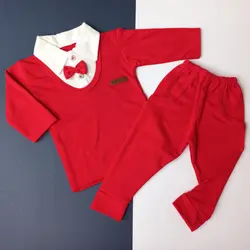 بلوز شلوار قرمز یقه سفید پاپیون دار سایز 1 تا 5