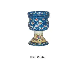 دوات مسی خوشنویسی میناکاری کمر باریک پایه دار رنگ فیروزه ای