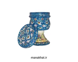 دوات مسی خوشنویسی میناکاری کمر باریک پایه دار رنگ فیروزه ای