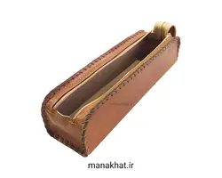 جاقلمی خوشنویسی چرم طبیعی عسلی دو زیپ