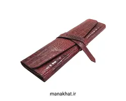 جاقلمی تاشو خوشنویسی چرم طبیعی زرشکی طرح دار