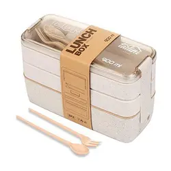 ظرف غذای بامبو سه طبقه لانچ باکس Lunch Box با قاشق و چنگال 900 میلی لیتر