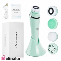 دستگاه فیس براش 4 کاره ضد آب شارژی مدل 2021 Beauty Machine Exfoliating Spa Kit Facial Cleansing Brush With Base