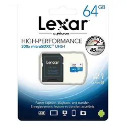 کارت حافظه‌ SDXC لکسار مدل High-Performance کلاس 10 استاندارد UHS-I U1 سرعت 45MBps 300X همراه با آداپتور SD ظرفیت 64 گیگابایت