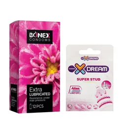 کاندوم بونکس مدل Extra Lubricated بسته 12 عددی به همراه کاندوم ایکس دریم مدل Super Stud