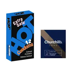 کاندوم چرچیلز مدل Ultra Thin بسته 3 عددی به همراه کاندوم هات مدل Extra Safe بسته 12 عددی
