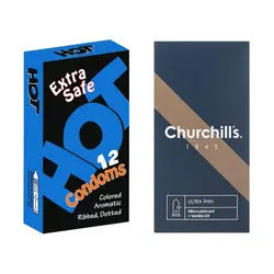 کاندوم چرچیلز مدل Ultra Thin بسته 12 عددی به همراه کاندوم هات مدل Extra Safe بسته 12 عددی