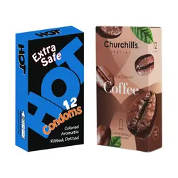 کاندوم چرچیلز مدل Coffee بسته 12 عددی به همراه کاندوم هات مدل Extra Safe بسته 12 عددی
