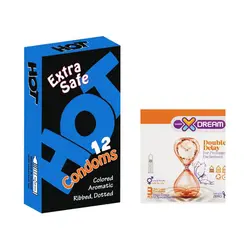 کاندوم ایکس دریم مدل Double Delay بسته 3 عددی به همراه کاندوم هات مدل Extra Safe بسته 12 عددی