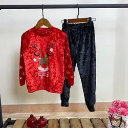 بلوز شلوار مخمل دخترانه مدل گوزن مناسب یلدا