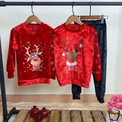 بلوز شلوار مخمل دخترانه مدل گوزن مناسب یلدا