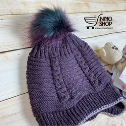 کلاه گوش گیر بافت با رینگ گردنی بچه گانه پوم دار