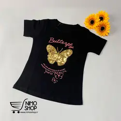 تیشرت مشکی دخترانه طرح پروانه پولکی