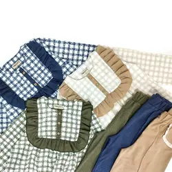 شومیز چهارخانه شلوار آزاد لینن سرمه ای