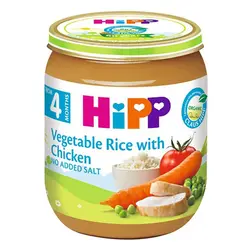 سوپ سبزیجات(هویج، لوبیا، گوجه فرنگی) و برنج , مرغ هیپ HIPP