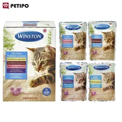 غذای پوچ گربه چهار طعم میکس بره و گوساله و مرغ و ماهی وینستون (Hühnchen-Rind-Laches-Lamm) بسته 12 عددی