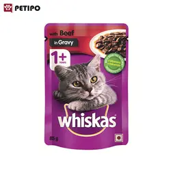 غذای پوچ گربه بالغ با طعم بیف ویسکاس (Whiskas Beef In Gravy Pouch) وزن 85 گرم