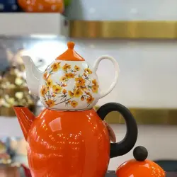 ست کتری و قوری لعابی تایلندی راسل طرح گل گلی نارنجی