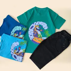 ست تیشرت و شلوارک لی طرح ببر موج سوار سایز 40 و 45 در سلام مامانی