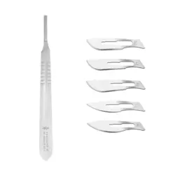 دسته تیغ جراحی اسکولاپ مدل RQ77 به همراه تیغ استریل کیاتو مدل  SKJ0069 مجموعه 5 عددی