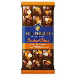 شکلات شیری میلینیوم با مغز کشمش ، فندق و بادام و زردآلو خشک